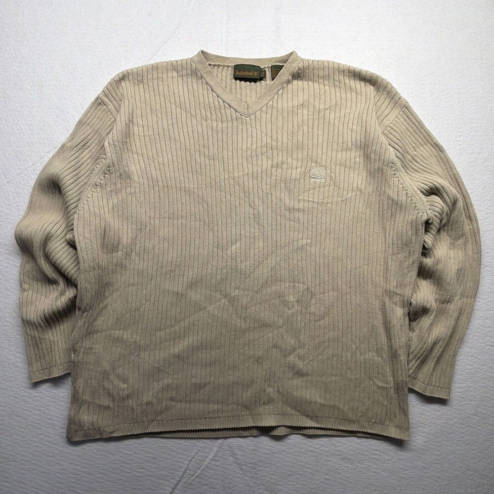 Vintage Y2K Timberland Tan V-Neck Knit Sweater Embroidered Logo - Men’s XXL